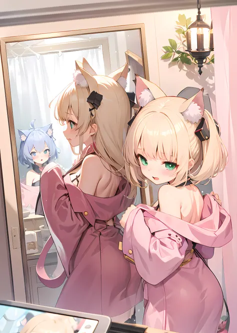 anime characters looking in the mirror，and the woman is taking pictures, kawacy, wlop and sakimichan, at pixiv, zerochan art, az...