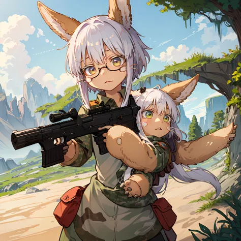 (персонаж наначи made in abyss) nanachi, military uniform, camo, tactical equipment, eyeglasses, handgun, desert camouflage, spe...