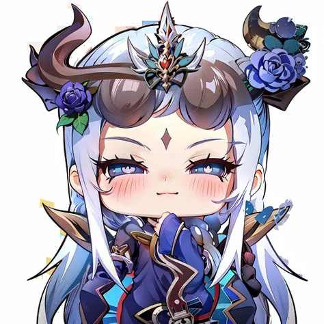 a cartoon image of a girl with horns and roses on her head, Retrato de Onmyoji, Keqing por Genshin Impact, Astri Lohne, foto de perfil do discord, divindade de cabelos brancos, Loong, white horns queen demon, Sorriso roguish, Discord PFP, Personagem Genshi...