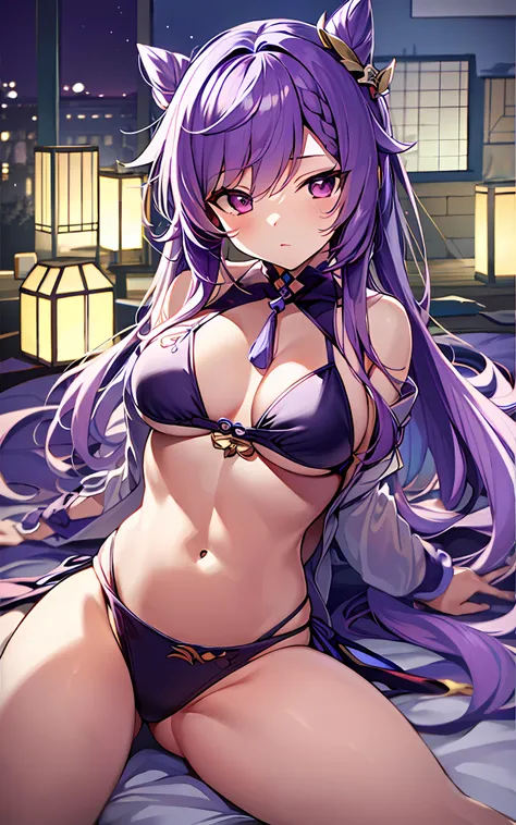 ((masterpiece:1.4, best quality)), purple hair, night,bedroom, laying on bed, 1girl, keqing \(genshin impact\), bikini,