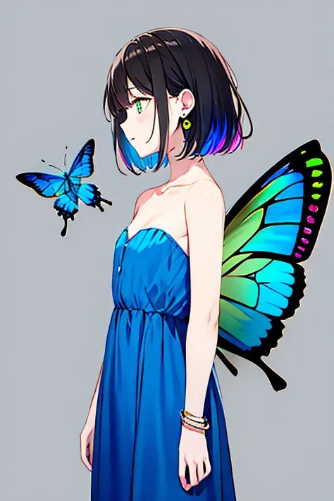 1girl, bangs, bare_arms, bare_shoulders, blue_butterfly, blue_dress, bug, butterfly, butterfly_on_hand, butterfly_wings, collarbone, dress, earrings, grey_background, jewelry, looking_away, multicolored_hair, profile, short_hair, solo, strapless, strapless...