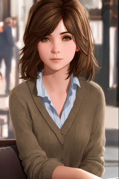 retrato de maxcaulfield, solo, camisa, cabelo castanho, cabelo curto, realista, pink sweater, desktop, sentado, rosto feliz, olh...