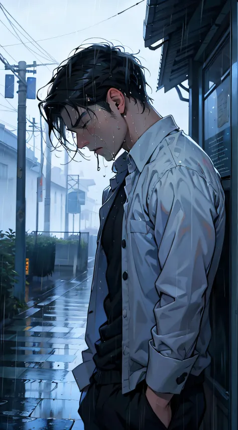 masterpaintings,optimal quality,downpour,A guy,Extremely depressing,with short black hair,weeping,Hold a headache and cry