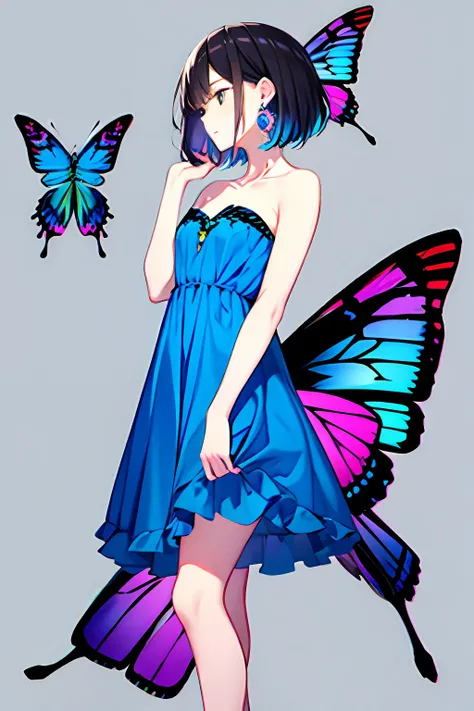 1girl, bangs, bare_arms, bare_shoulders, blue_butterfly, blue_dress, bug, butterfly, butterfly_on_hand, butterfly_wings, collarbone, dress, earrings, grey_background, jewelry, looking_away, multicolored_hair, profile, short_hair, solo, strapless, strapless...