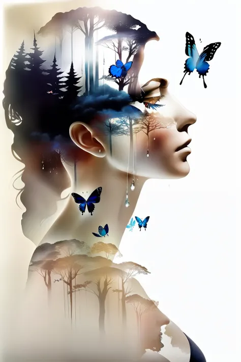 (Doubleexposure),1girl huge large breasts,White background,(solo),( Ink painting),The drops,(Butterflies),巨作,Best quality