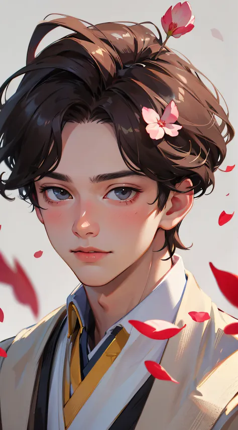 （optimal quality，masterpaintings，hyper-realistic），1 cute boy portrait，playful and cute，background petals drifting