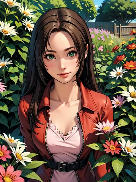 (masterpiece), best quality, narrow perspective, dutch shot, aerith gainsborough, brunette brown hair, green eyes, red jacket, p...