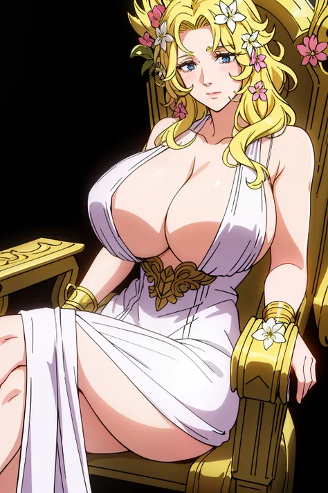 1girl, solo, aphrodites,  blond hair, hair ornaments, flowers in hair, huge breasts, white dress, cleavage, neckale, golden brac...