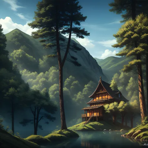 realisticlying,(masterpaintings,top Quority,optimal quality,offcial art),ighly detailed,Colorful,Most detailed,Fairy chalet,Broad background,Handsome man,black color hair,length hair,Black robes,Kamimei,A pensive expression,Incredible Eastern mythology --a...