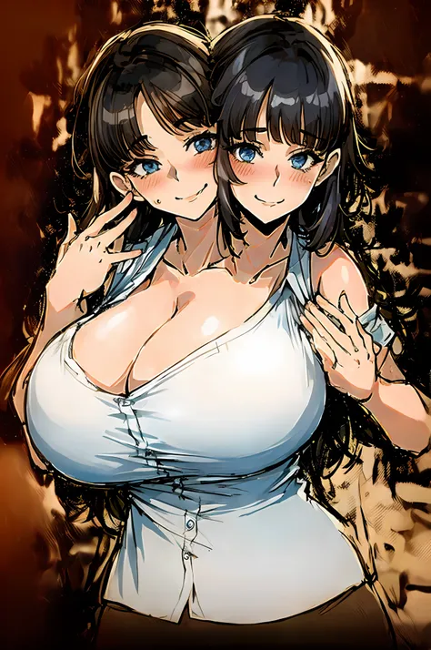 2heads, a chubby woman with 2 heads. She has enormous breasts. She is lifting her shirt up and showing her breasts. She is smiling. She is blushing. She looks seductive. Her breasts are immense.