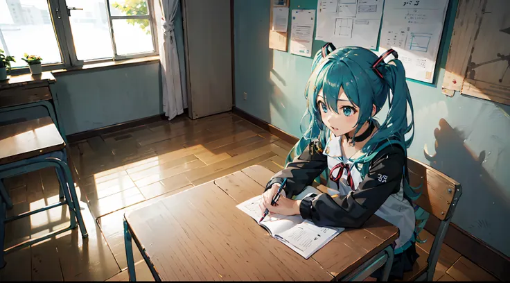 sailoruniform、hatsunemiku、bai、the is standing、最好质量(1.3)、巨作(1.2)、alone in the classroom、i'm looking at this