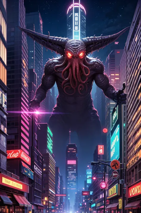 cthulhu, as a cyborg, cyberpunk style, best quality, futuristic city scene, night time, lovecraftian, red light district, highly...