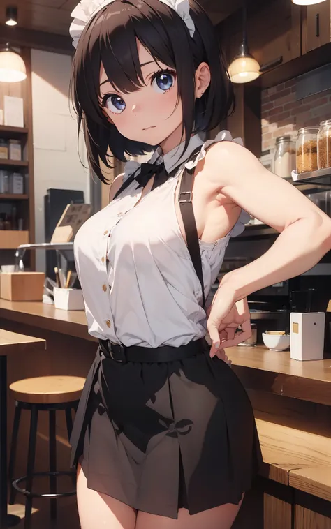 最好质量、1girl in、maid、garterbelts、sora、colorful strands of hair、a cute 、Lustrous skin、24 years old、Shines、High contrast、Tempting、Sensual milf, Serving customers at a café, big tit、White blouse、Black skirt、Sleeveless、Beautiful armpits、White headband、short-cut、...