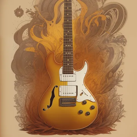 "Draw an illustration that depicts an iconic electric guitar, em chamas, rodeada por notas musicais e amplificadores, Capturing the energy and passion of rock and roll."