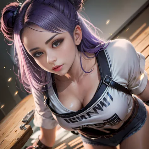 mulher com cabelo roxo e uma camisa branca posando para uma foto, photorealistic anime girl rendering, deviantart artstation cgs...