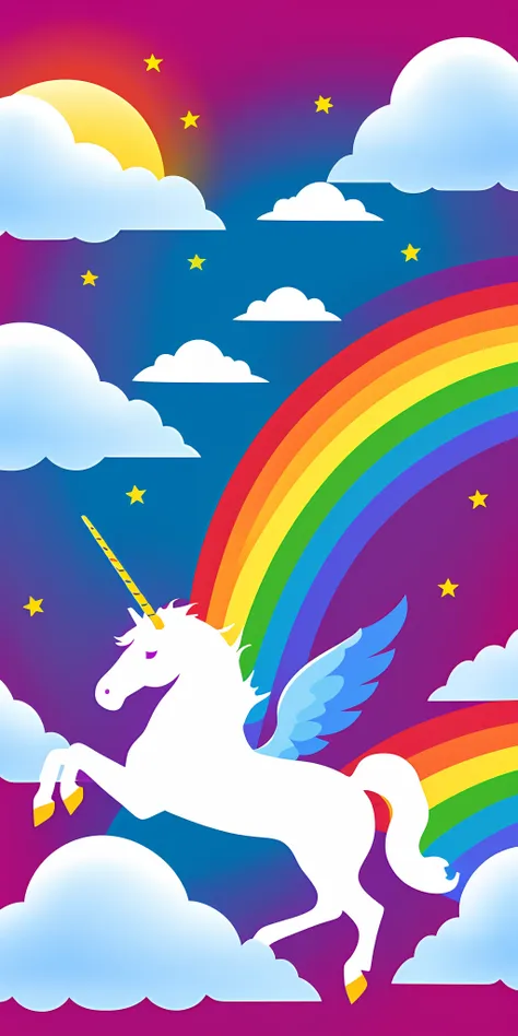 "generate an image of a winged unicorn flying over a rainbow while carrying a giant ice cream."