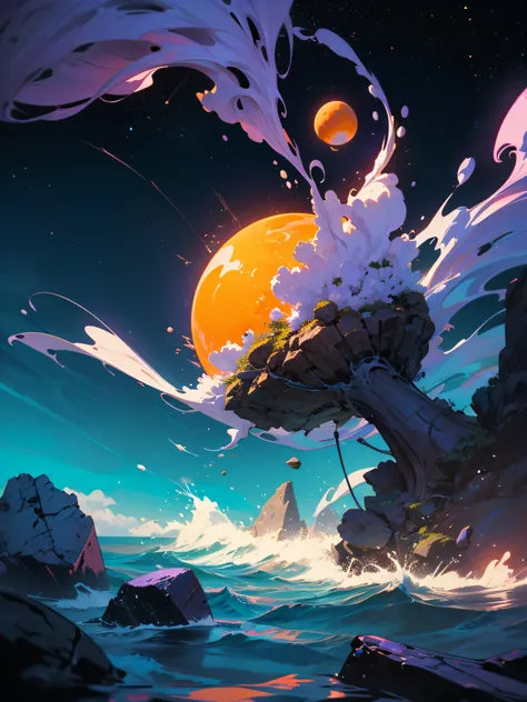 Abstract, weird, bizarre, splash, dirt, trash, particles, flow, energy, luck, high contrast, planet, space, orange and yellow and purple colors, trees, big rocks, ocean, blood, cells, happy time, 70s