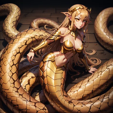 lamia, detailed snake skin, (lamia) snake tail, brown platted scales, tan spikes, tan-brown platted armor, golden eyes, brown sh...