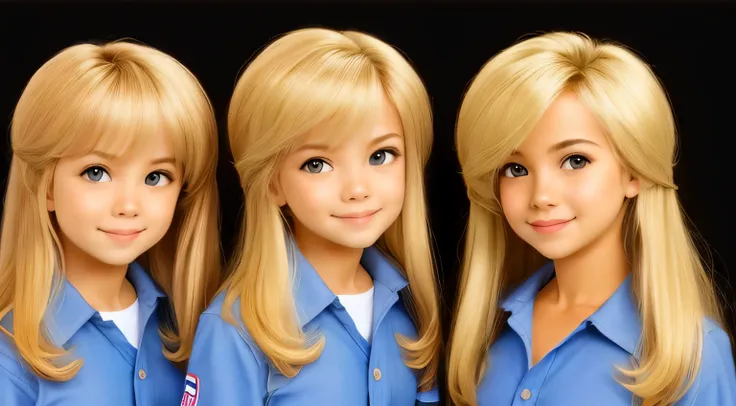 blond-haired triplets, com casacos de pele.