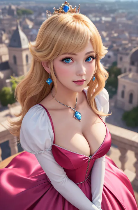 (masterpiece, best quality, highres:1.4), absurdres, 1girl,large breast, star eye, (princess peach), blush, (realistic:1.5), blue eyes, happy, BREAK, pink dress, cute girl,white arm glove, from above,
cowboy shot,perfect illumination, distinct, looking at...