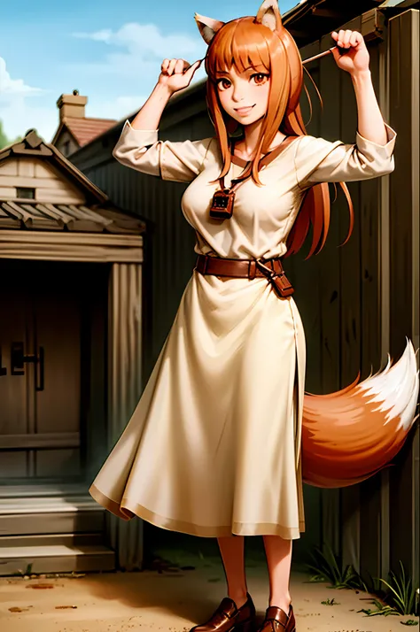 (holo:1.5), (holoBrownDress:1.5), masterpiece, best quality, absurdres, 1girl, looking at viewer, standing, cowboy shot, outdoors, medieval, cobblestone street, town, pouch, sash, smile, fruit, apple, basket,huge breast, curvy