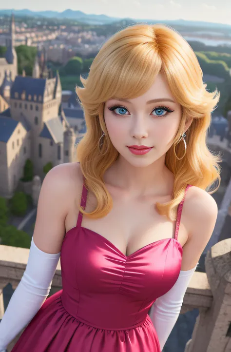 (masterpiece, best quality, highres:1.4), absurdres, 1girl,large breast, star eye, (princess peach), blush, (realistic:1.5), blue eyes, happy, BREAK, pink dress, cute girl,white arm glove, from above,
cowboy shot,perfect illumination, distinct, looking at...