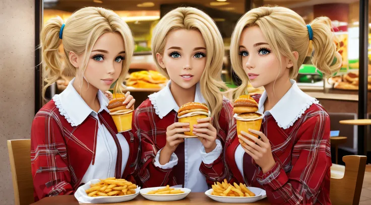 blond-haired triplets, jaquetas de couro e roupas de prata, em um mac donalds comendo hamburger e batatas fritas.