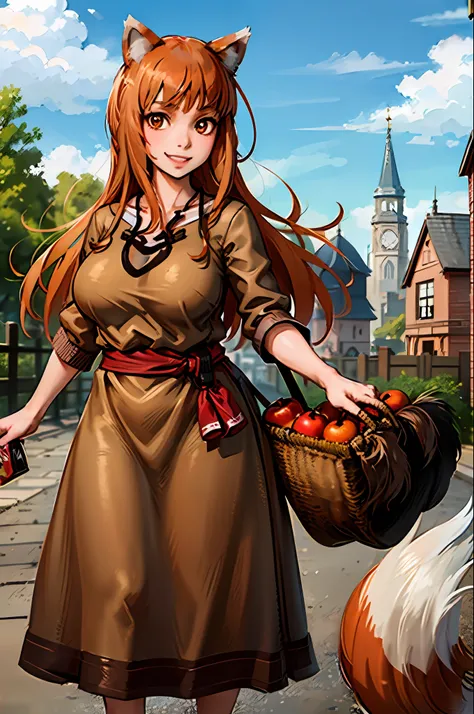 (holo:1.5), (holoBrownDress:1.5), masterpiece, best quality, absurdres, 1girl, looking at viewer, standing, cowboy shot, outdoors, medieval, cobblestone street, town, pouch, sash, smile, fruit, apple, basket,huge breast, curvy