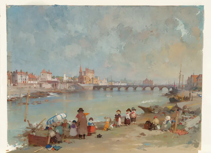 painting of a group of people standing on a beach next to a river, inspired by Richard Parkes Bonington, author：Richard Parkes Bonnington, author：William Turner（William Turner），Oxford, jmw turner, joseph mallord william turner, inspired by Samuel Prout, Be...