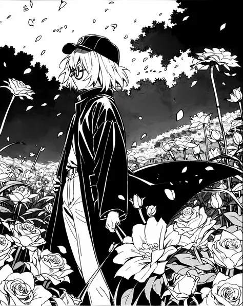 Mirai Kuriyama wearing casual summer clothes in a field full of flowers and tall plants, falling petals, roses, VHS, vintage, cap, red glasses, wearing black coat, manga style, white background, ((monochrome)), far away shot