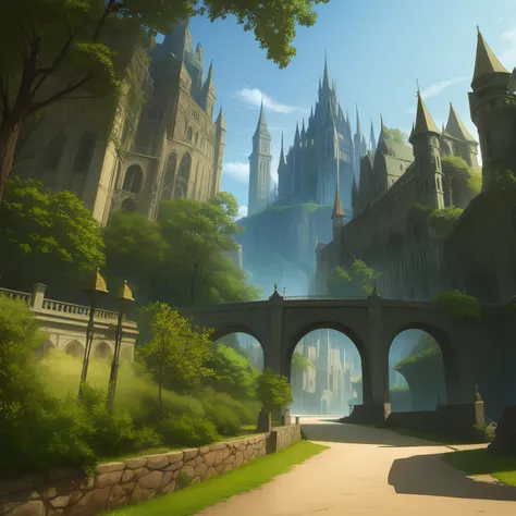 crie um cenario de uma cidade no tema steampunk com fantasia medieval e magia, make the city as if the forest were entering it -...