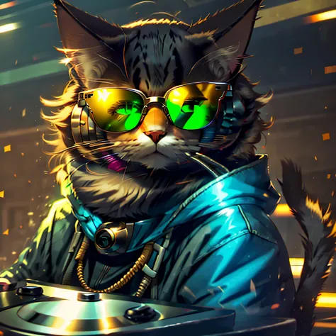 happy cat in sunglasses and headphones, like a dj, hdr image --auto