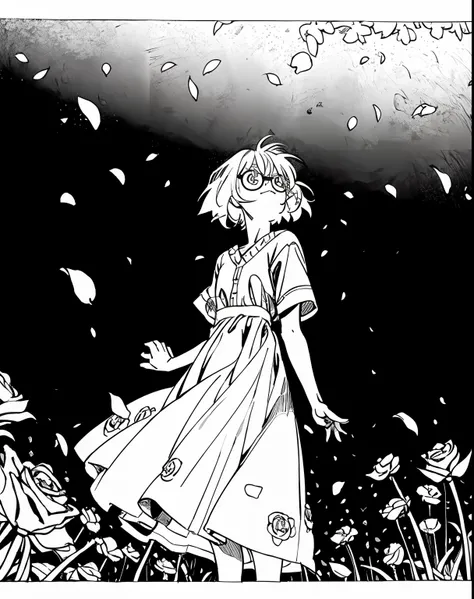 Mirai Kuriyama wearing a casual summer dress in a field full of flowers and tall plants, falling petals, roses, VHS, vintage, red glasses, manga style, white background, ((monochrome)), far away shot