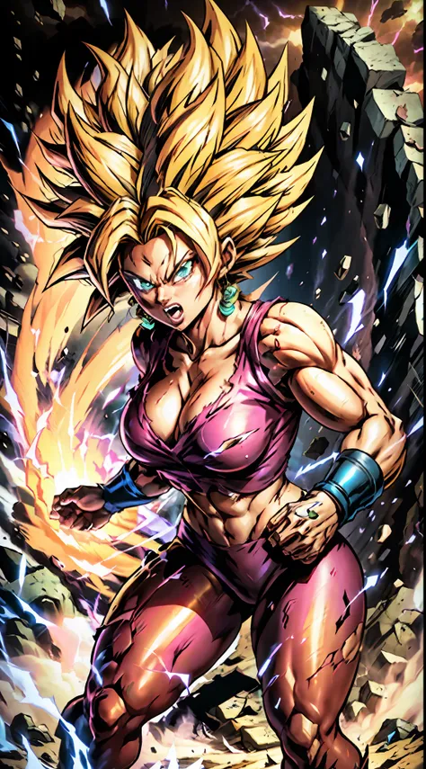 super saiyan kefla unleashes a colossal energy wave that shatters the ground and creates a massive shockwave. he stands on a roc...