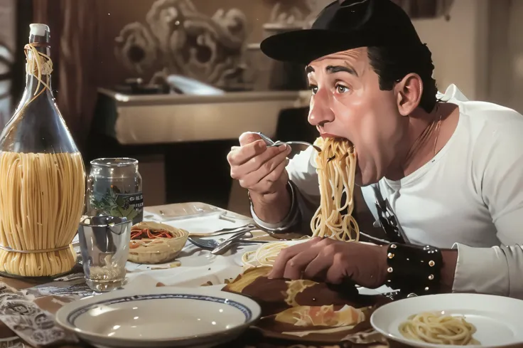 Batman eating spaghetti with a fork at a table, slurping spaghetti, eating spaghetti, eats pasta all the time, eating spaghetti from a bowl, fred flintstone eating tamales, 1940s food photography, eating noodles, spaghetti, moms spaghetti hes nervous, spag...