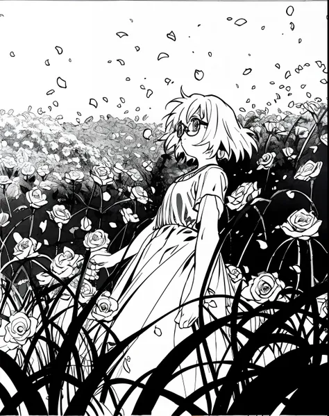 mirai kuriyama wearing a casual summer dress in a field full of flowers and tall plants, falling petals, roses, vhs, vintage, re...