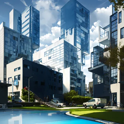 （Eliminate portraits）metalictexture，White texture，Nobodys，No mans land，Glass Building，Uniform style cyan blue glass。Elegance，There is a university，Picture of the Academy，There is a lawn in front，Very spacious lawn, Realistic style cityscape,American Univer...