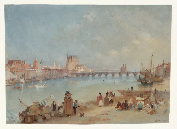 painting of a group of people standing on a beach next to a river, inspired by Richard Parkes Bonington, author：Richard Parkes Bonnington, author：William Turner（William Turner），Oxford, jmw turner, joseph mallord william turner, inspired by Samuel Prout, Be...