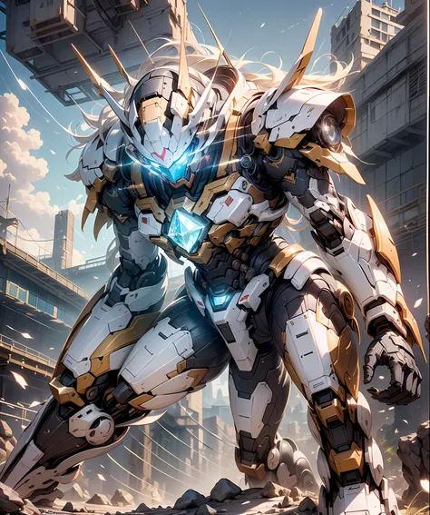 ,Fighting posture,giant mecha,(Smooth surface),(Stand at the top of the mountain:1.2)(Overlooking the cyberpunk city),White is the main color,Comes with bright decorative colors such as red and gold。There are powerful thrusters,(crystal:1.3),(((巨作))),(((Be...
