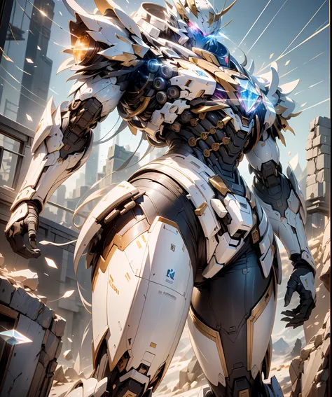 ,Fighting posture,giant mecha,(Smooth surface),(Stand at the top of the mountain:1.2)(Overlooking the cyberpunk city),White is the main color,Comes with bright decorative colors such as red and gold。There are powerful thrusters,(crystal:1.3),(((巨作))),(((Be...
