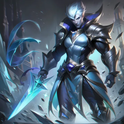 a man with pale skin and blue hair logos with an ice sword + fundo de gelo splashart, splashart, splashart de league of legends,...