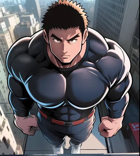 generate anime-style art with a high-angle shot of a muscular male character with his body facing the camera, the character is s...