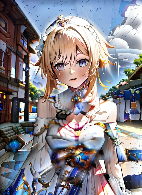 a woman in a white dress standing on a street next to a building, Impacto de Ayaka Genshin, ayaka jogo Genshin impact, Keqing de Genshin Impact, Cute anime waifu in a nice dress, Genshin, portrait knights of zodiac girl, deusa anime, Personagem Genshin Imp...
