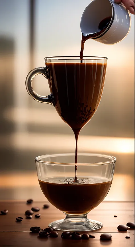 (Liquid splash fluid art:1.2) Gravity-Defying Coffee Pour: A cup of dark, chunky coffee suspended in the air, the rich, steaming liquid spiraling upward on a mesmerizing antigravity screen. The coffee flow turns and dances, um aroma sedutor emana dele. A c...