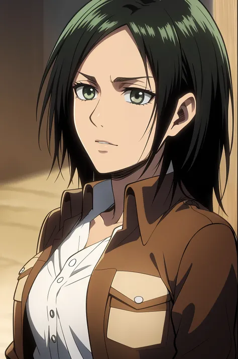 ((1mujer)), pelo recogido, estilo anime attack on titan (cabello negro: 1.3), tranquilo, cabello recogido bajo, cabello entre ojos, patillas, ojos azul verde, ojos rasgados, small eyes, labios, escote negro, camisa negro, prenda negro, pechos medianos, primer plano, solo, labios, obra maestra, plano medio, altamente detallado, mejor calidad, Dramatic lighting