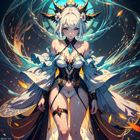 intense white light background, sparks way above head, a full length distant shot, (hyper ultra mega short chibi height adult person), a joyful pale Spunky Zesty Sprightly Caucasian women, fractal illustrated details, luminism, global ilumination, mischiev...