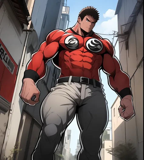 generate anime-style art with a high-angle shot of a muscular male character with his body facing the camera, the character is s...