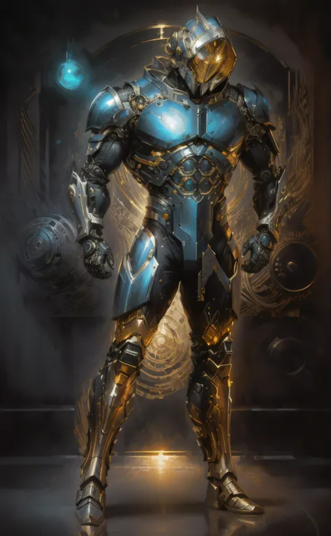 uma imagem de desenho animado de um homem com um corpo azul e um capacete, este personagem tem criocinese, cybernetic body, armadura brilhante elegante, Armadura refletida da cor do gelo da lasca, Corpo ciborgue, musculoso!! sci-fy, silver cyber armor, cob...