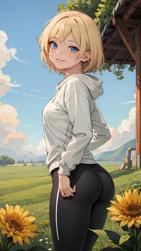 best quality, masterpiece, small breasts, smile, sweatshirt, leggings, outdoors, alone, anime style, grass field, daytime, blue ...