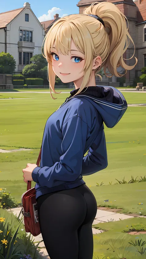 best quality, masterpiece, small breasts, smile, sweatshirt, leggings, outdoors, alone, anime style, grass field, daytime, blue sky, blue eyes, detailed eyes, medium hair, blonde hair, loose hair, bangs, ass,
